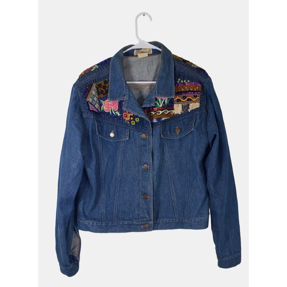 KK88 Designs Denim Jacket Womens XL Blue Flower Embroidery Beaded Art To‎ Wear